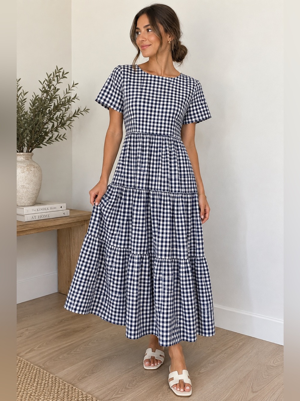 Listicle Navy and White Gingham Tiered Maxi Dress side pockets